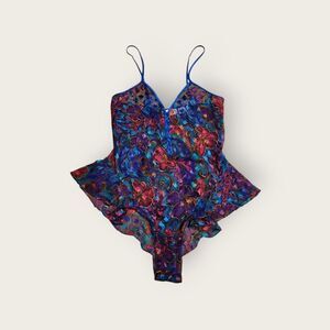 Vintage 90s Victoria's Secret blue floral sheer ruffle lingerie bodysuit